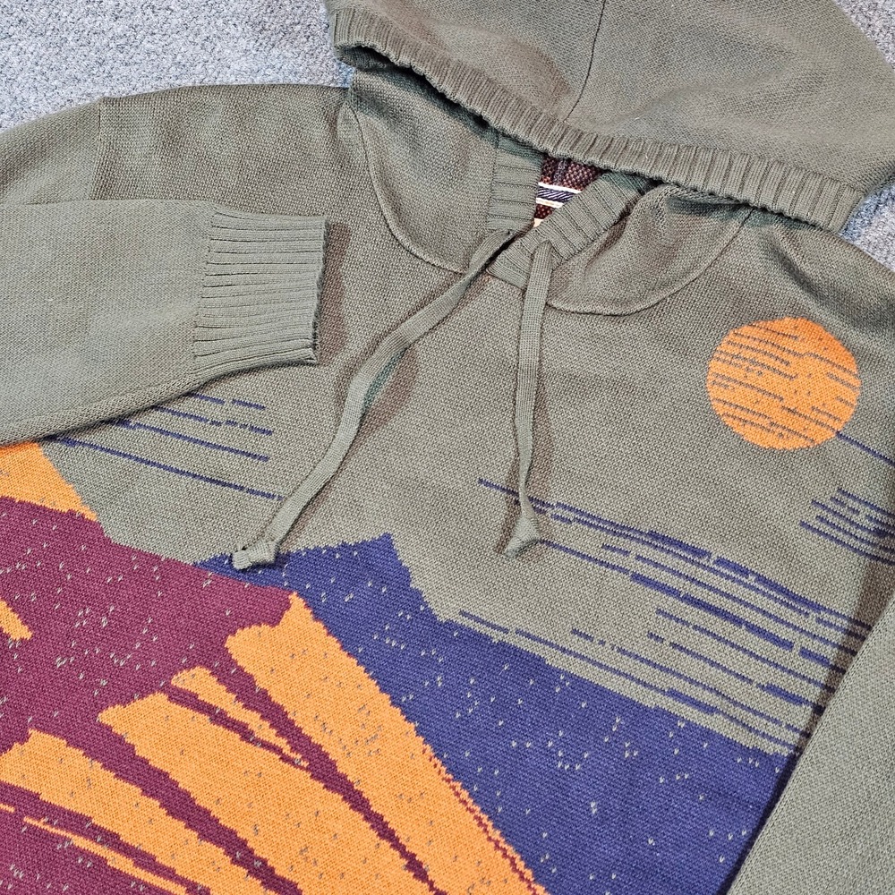 Sun + Stone Mens L Green Intarsia Mountain Graphic Knit Hoodie Pullover FA24